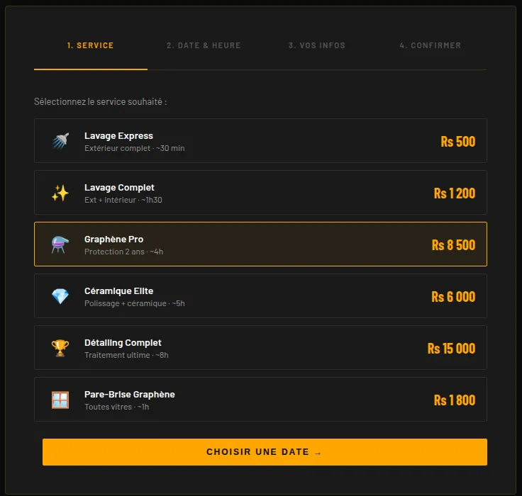 Step one, Service: six services listed with durations and prices in amber, Graphène Pro selected.
