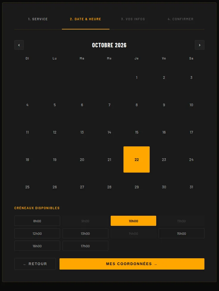 NanoDrive booking, step two: a month calendar with a date selected and hourly slots below.