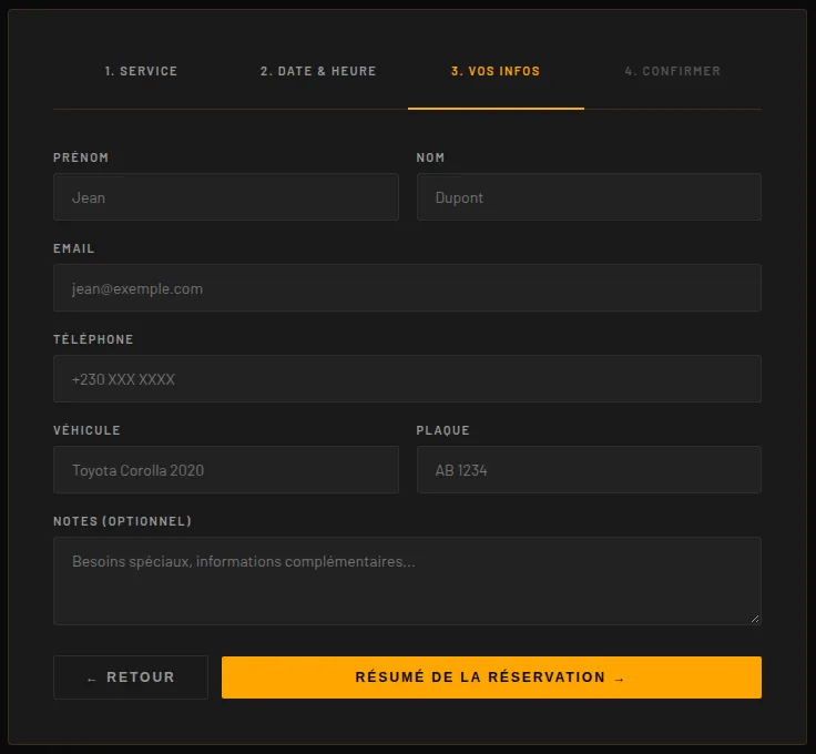 Step three, Your details: fields for first name, last name, email, phone, vehicle, plate and optional notes.