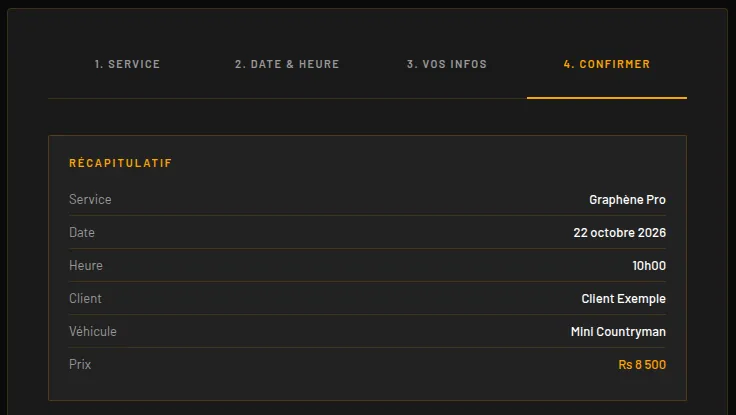 Step four, Confirm: a summary with service, date, time, client, vehicle and price.