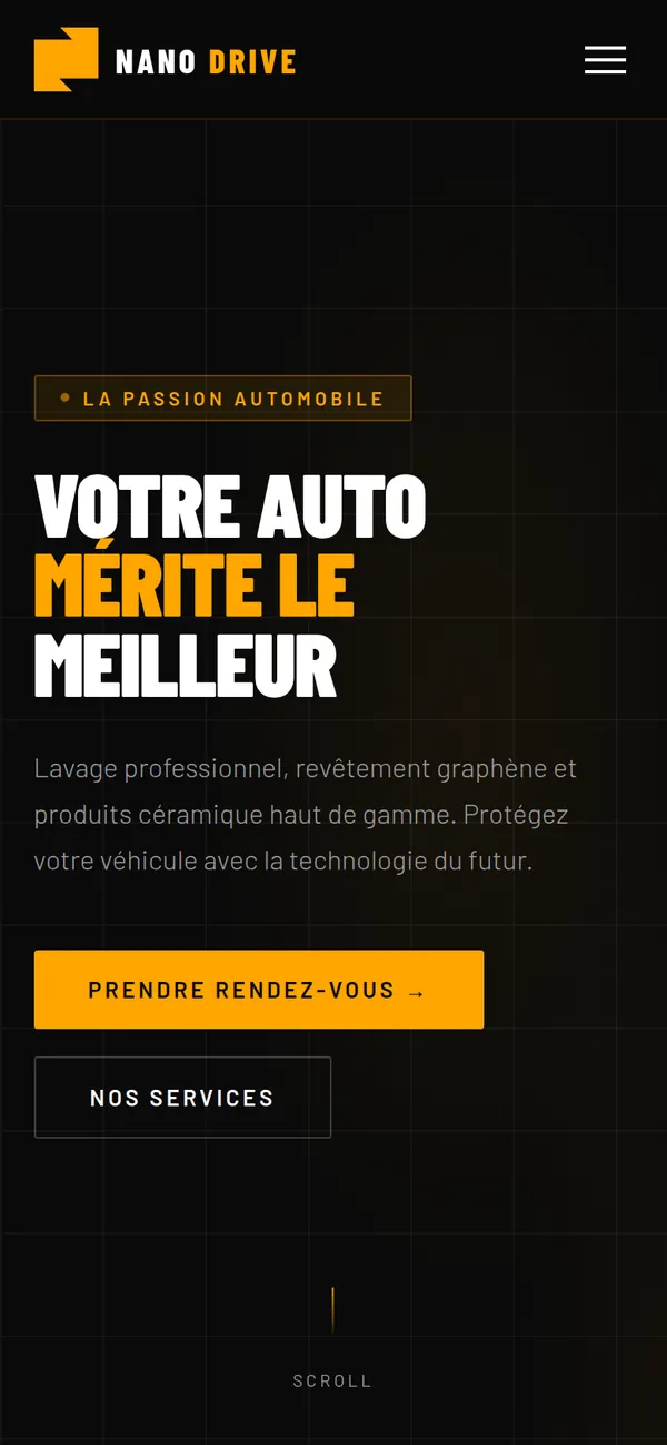 The NanoDrive site on a phone: "Votre auto mérite le meilleur" with a button to book an appointment.