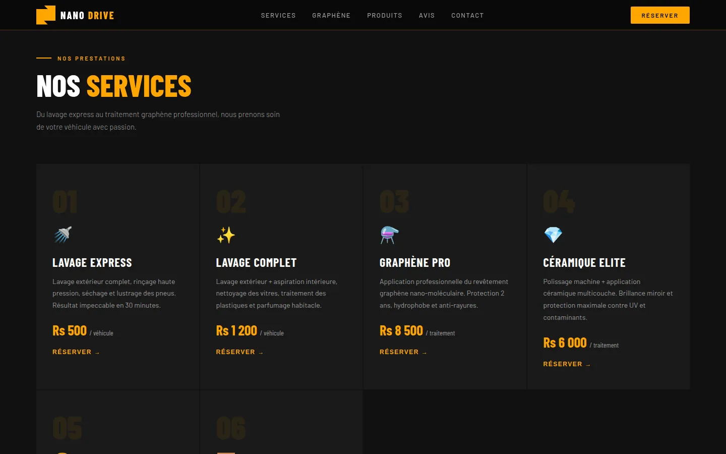 The NanoDrive services section: service cards with prices in amber on black.