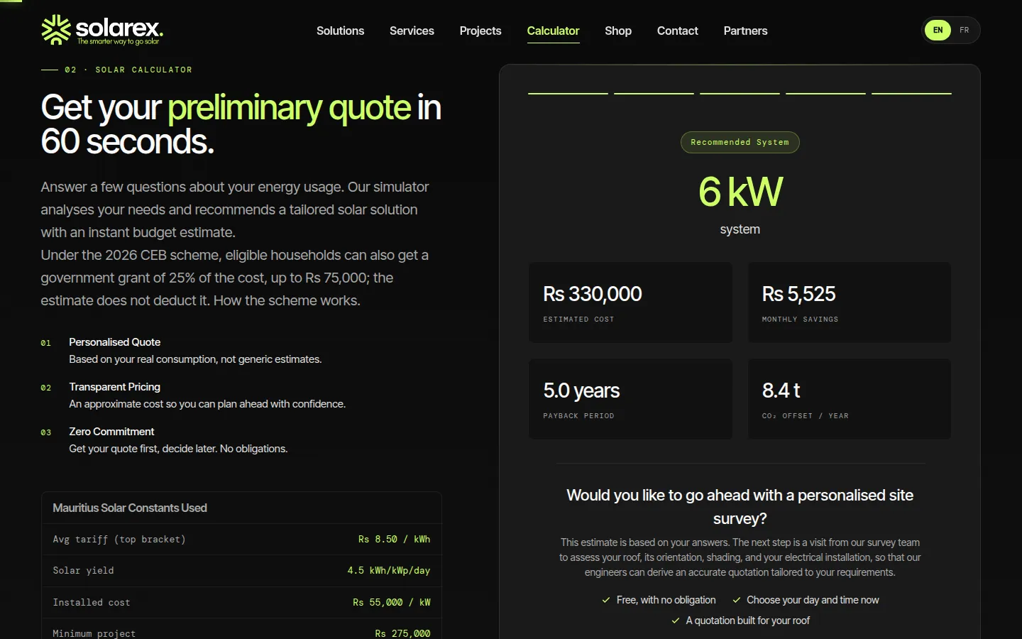 Solarex solar calculator result: a 6 kW system with its estimated cost, monthly savings, payback and CO2 offset, followed by an offer of a site survey.