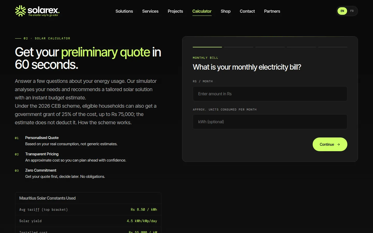 Solarex calculator, step one: "What is your monthly electricity bill?"
