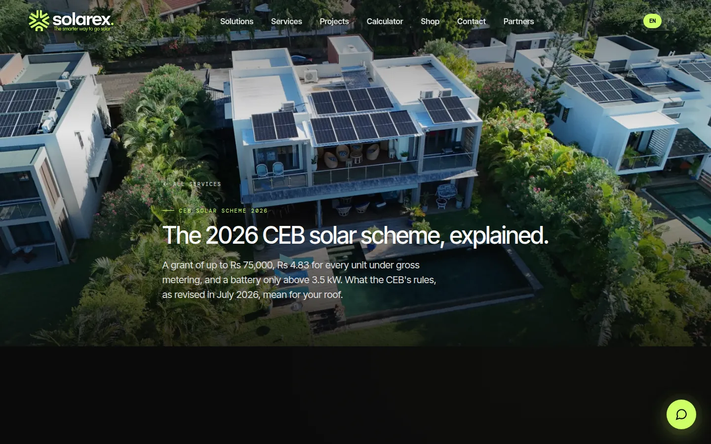 The CEB Solar Scheme 2026 guide: "The 2026 CEB solar scheme, explained." over an aerial photo of solar roofs.
