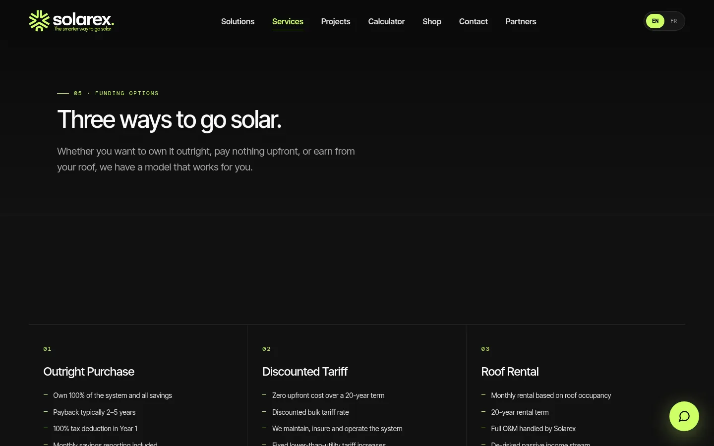 Solarex services page: "Three ways to go solar." with Outright Purchase, Discounted Tariff and Roof Rental.