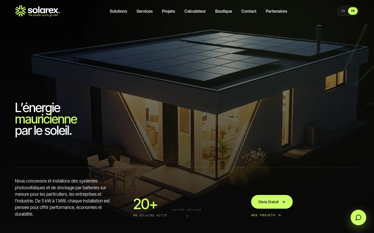 La page d’accueil de Solarex en français : « L’énergie mauricienne par le soleil. »
