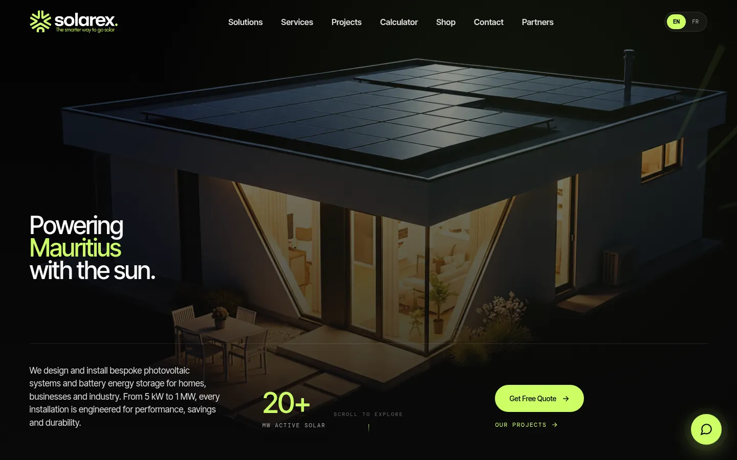 The Solarex home page: "Powering Mauritius with the sun." over a solar-roofed house at night.