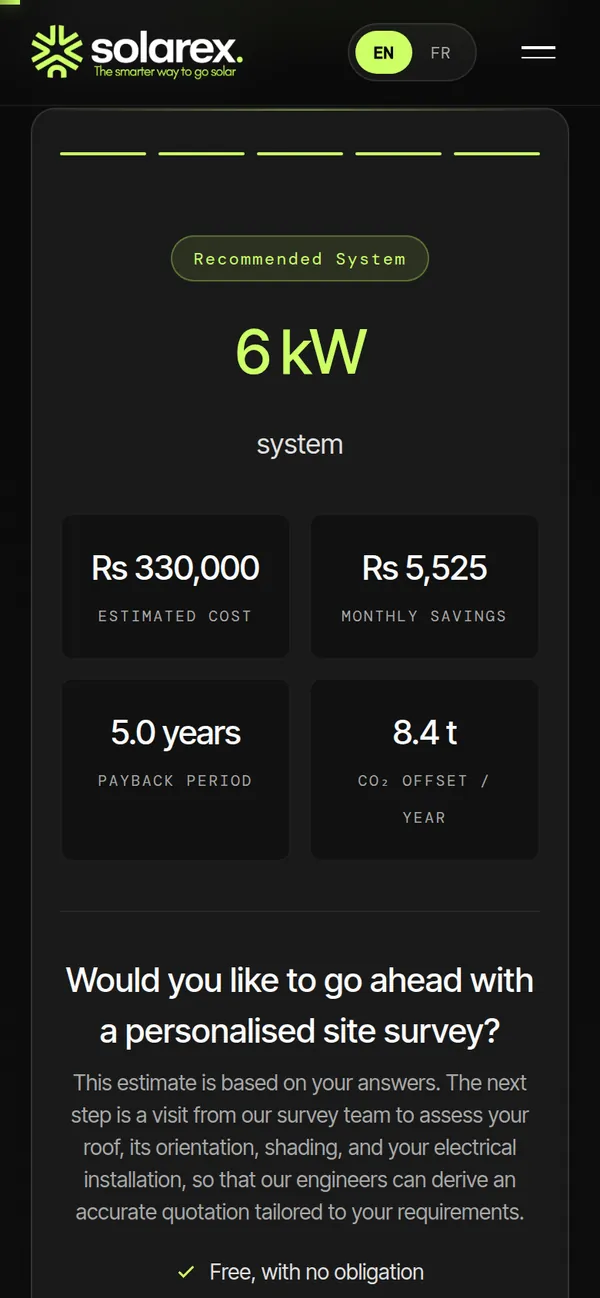 The calculator result on a phone: a 6 kW system with its estimated cost, savings and payback.