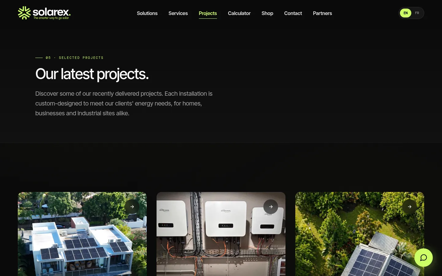 Solarex projects page: "Our latest projects." with photos of installations.