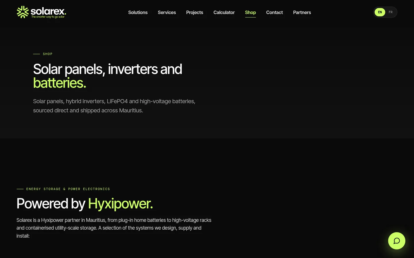 Solarex shop page: "Solar panels, inverters and batteries."